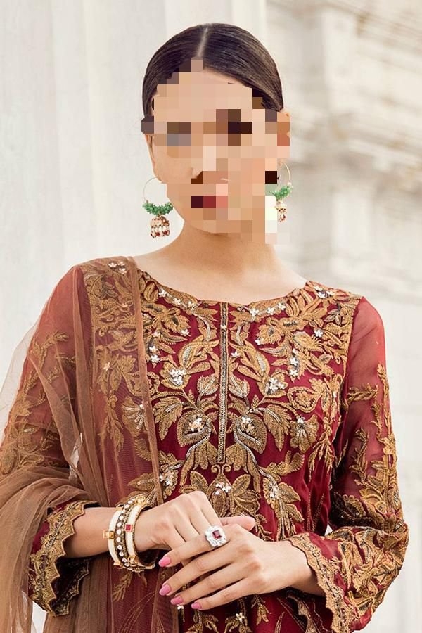 Chiffon suit with heavy net embroidery Dupatta