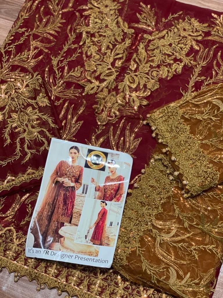 Chiffon suit with heavy net embroidery Dupatta