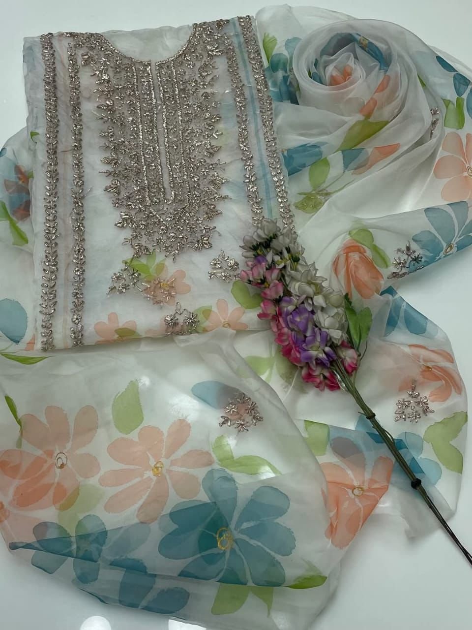 Handmade LCD Goota Work With Gilter Oil Paint 🎨 Work Soft Organza Shirt & Duppata 2 Pc Dress 👗