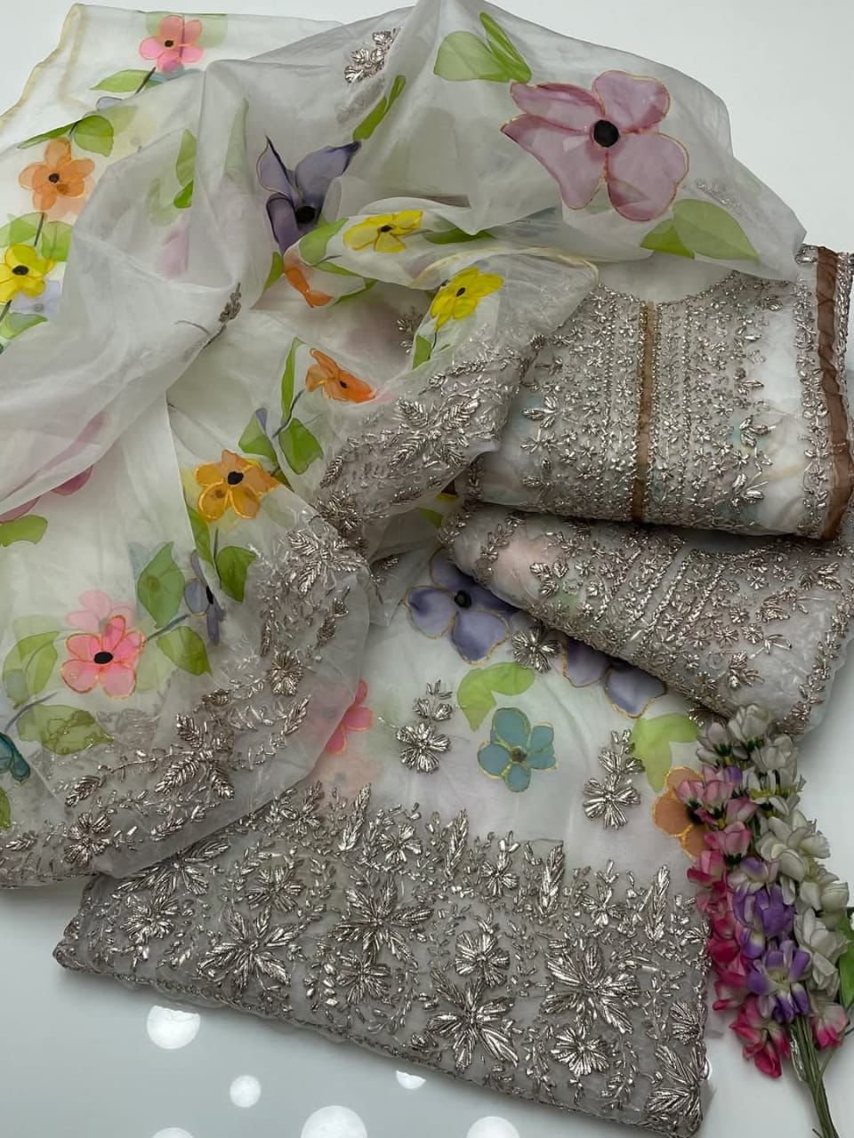 Handmade LCD Goota Work With Gilter Oil Paint 🎨 Work Soft Organza Shirt & Duppata 2 Pc Dress 👗