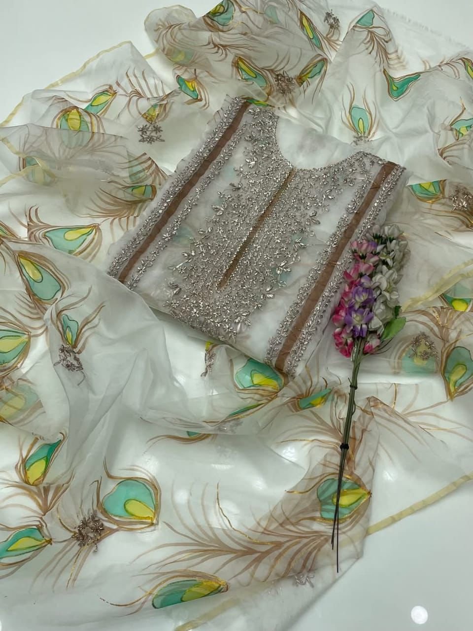 Handmade LCD Goota Work With Gilter Oil Paint 🎨 Work Soft Organza Shirt & Duppata 2 Pc Dress 👗