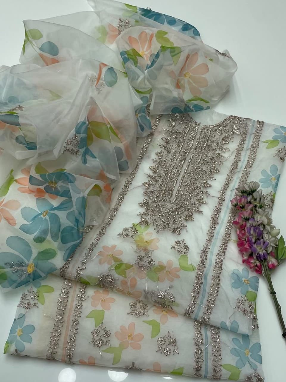 Handmade LCD Goota Work With Gilter Oil Paint 🎨 Work Soft Organza Shirt & Duppata 2 Pc Dress 👗