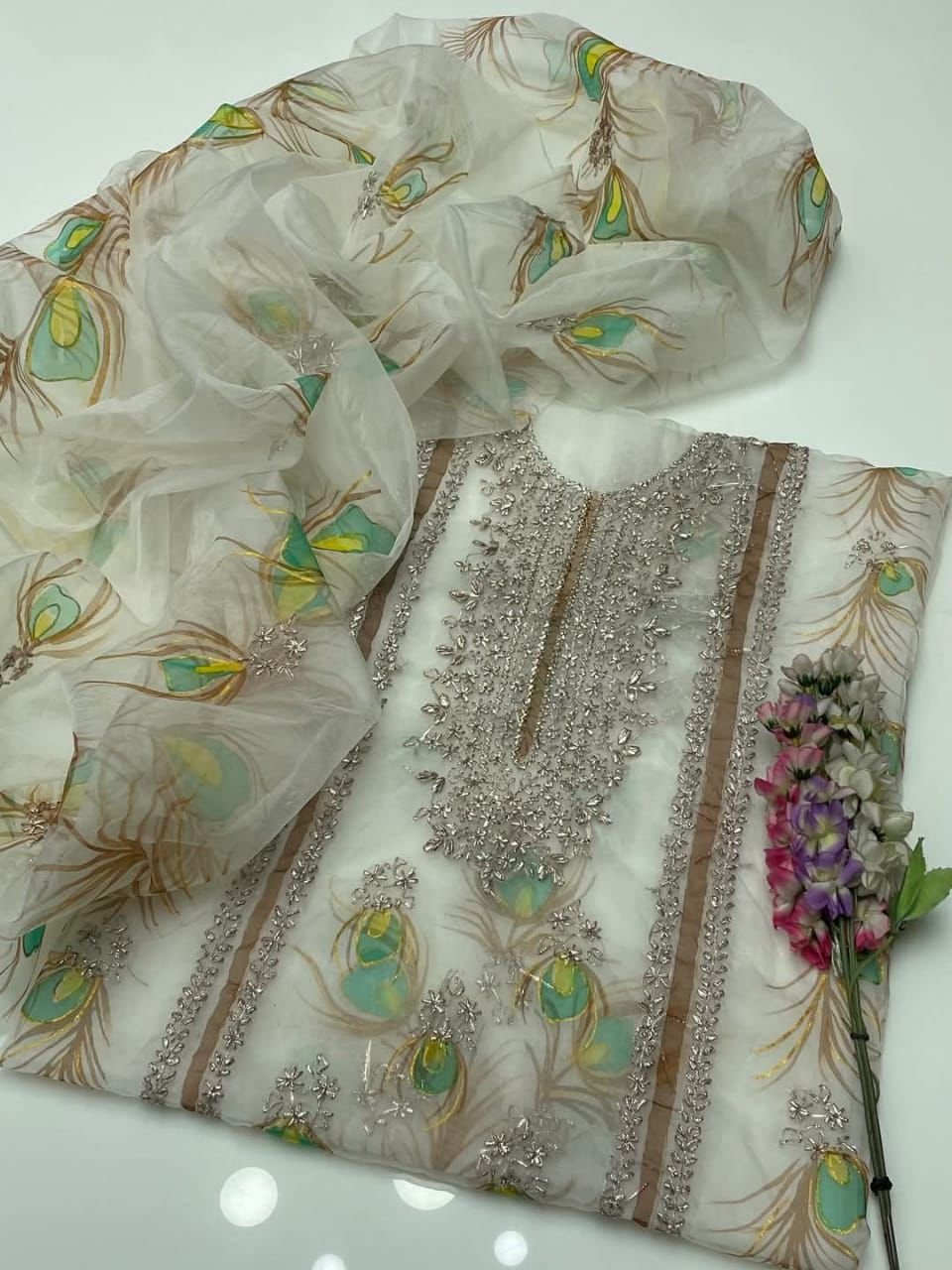 Handmade LCD Goota Work With Gilter Oil Paint 🎨 Work Soft Organza Shirt & Duppata 2 Pc Dress 👗