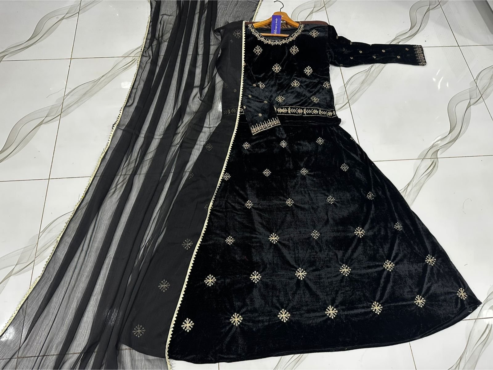 Neck,Sleeves Border Embroidered Top With Embroidered Skirt And Lace Work Dupatta Velvet 3Pcs