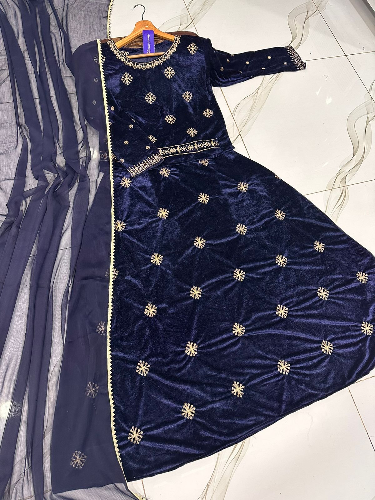 Neck,Sleeves Border Embroidered Top With Embroidered Skirt And Lace Work Dupatta Velvet 3Pcs