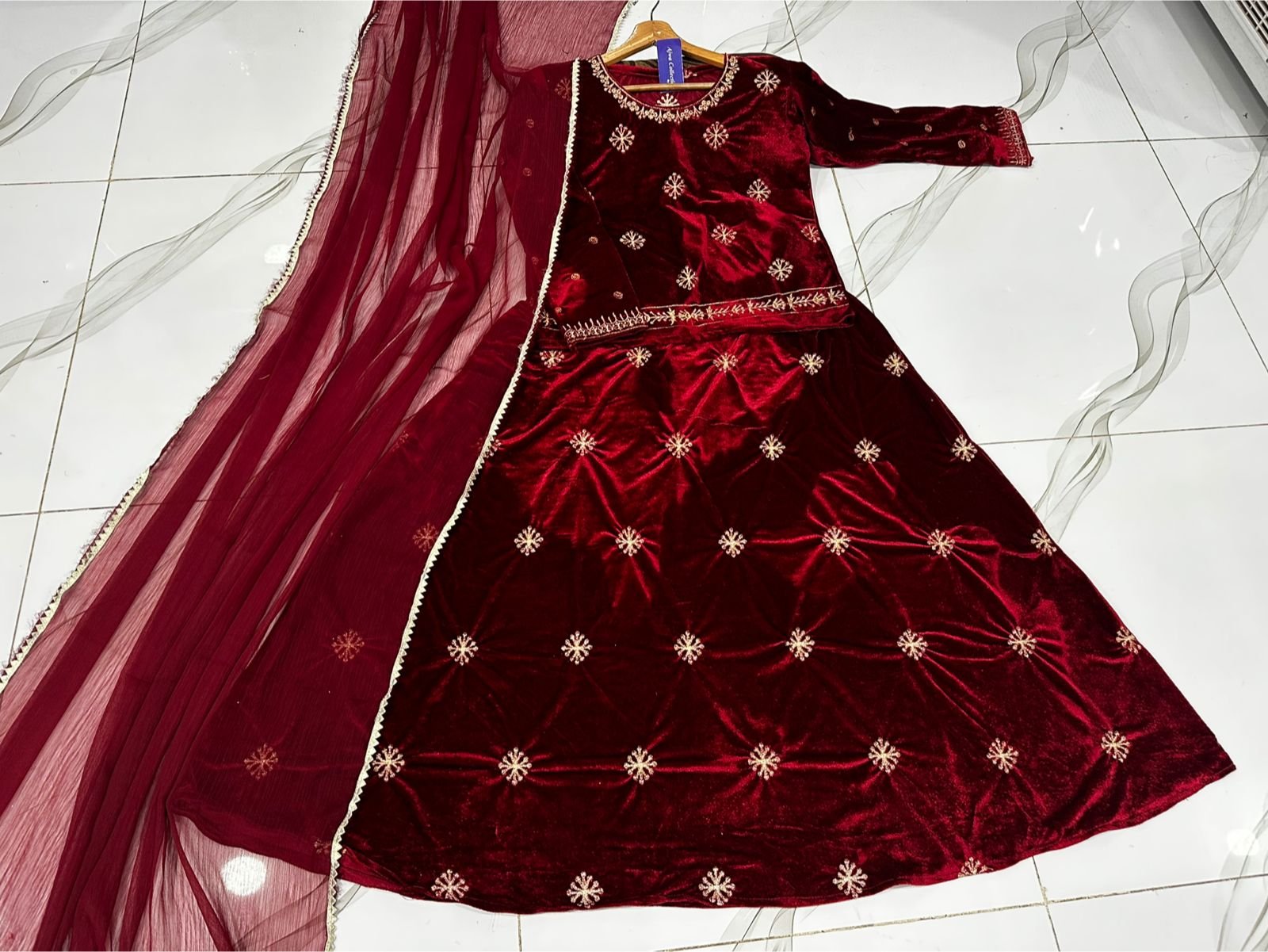 Neck,Sleeves Border Embroidered Top With Embroidered Skirt And Lace Work Dupatta Velvet 3Pcs