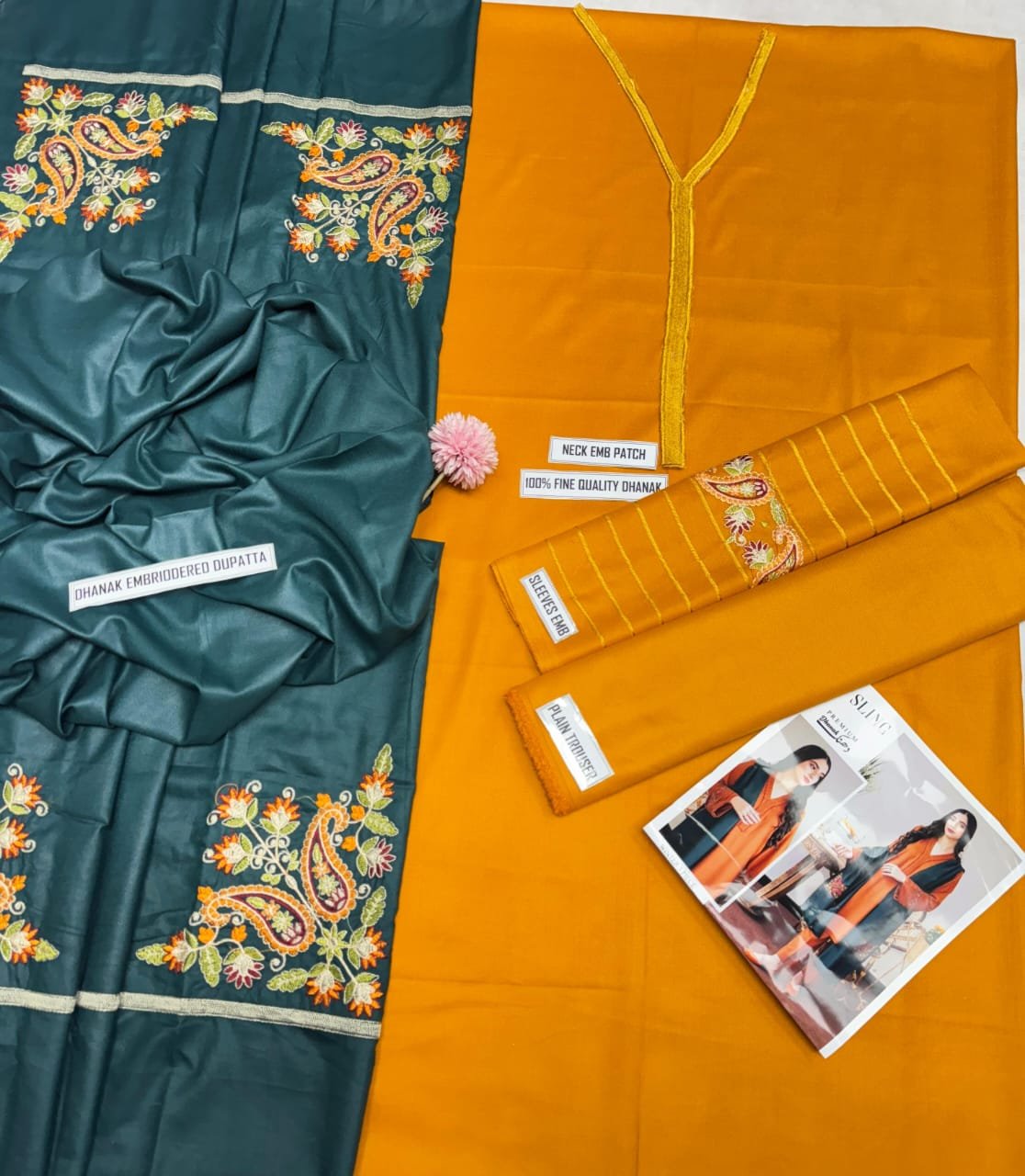Dhanak Stuff* *Front neck Emb patch* *Sleeves heavy Embriodered* *Trouser plain*