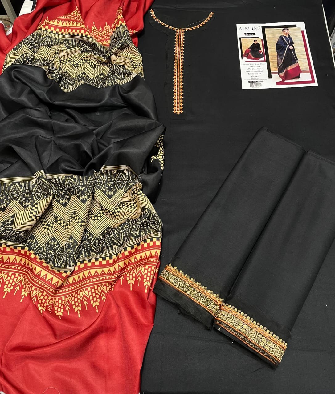 Shirt* Neck Embroidery Patch *Sleeves* Embroidery Patch *Dupatta* *Digital Printed wool shawl* *Trouser* dyed with patch