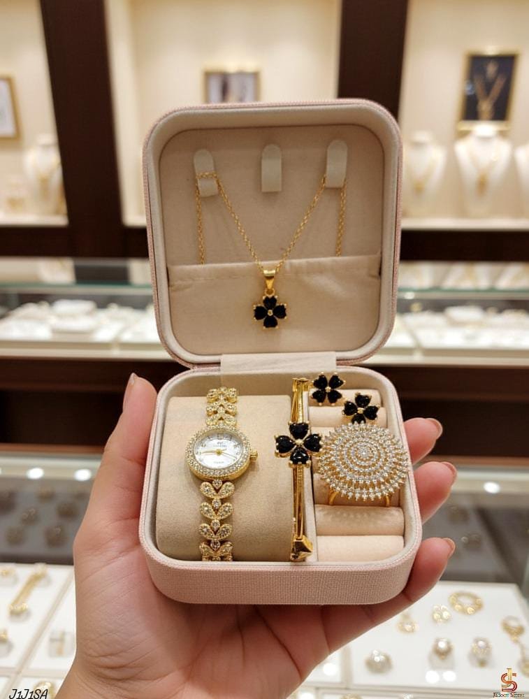 Fancy Leave Zirqoon Watch⌚_* *_💎Gold Plated Flower Adjustable Bangel📿