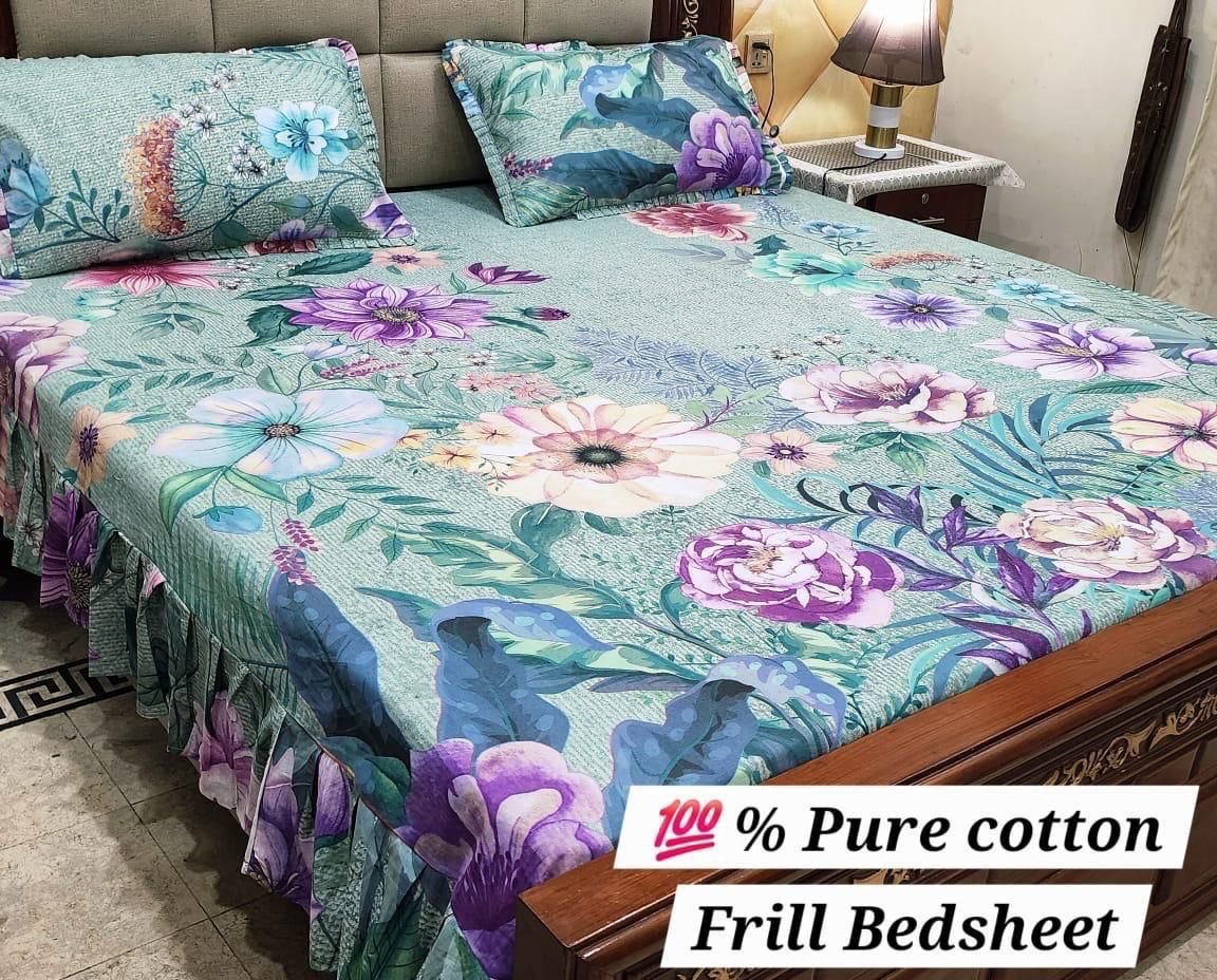 3 piece stiched 2 sided frill bedsheets*