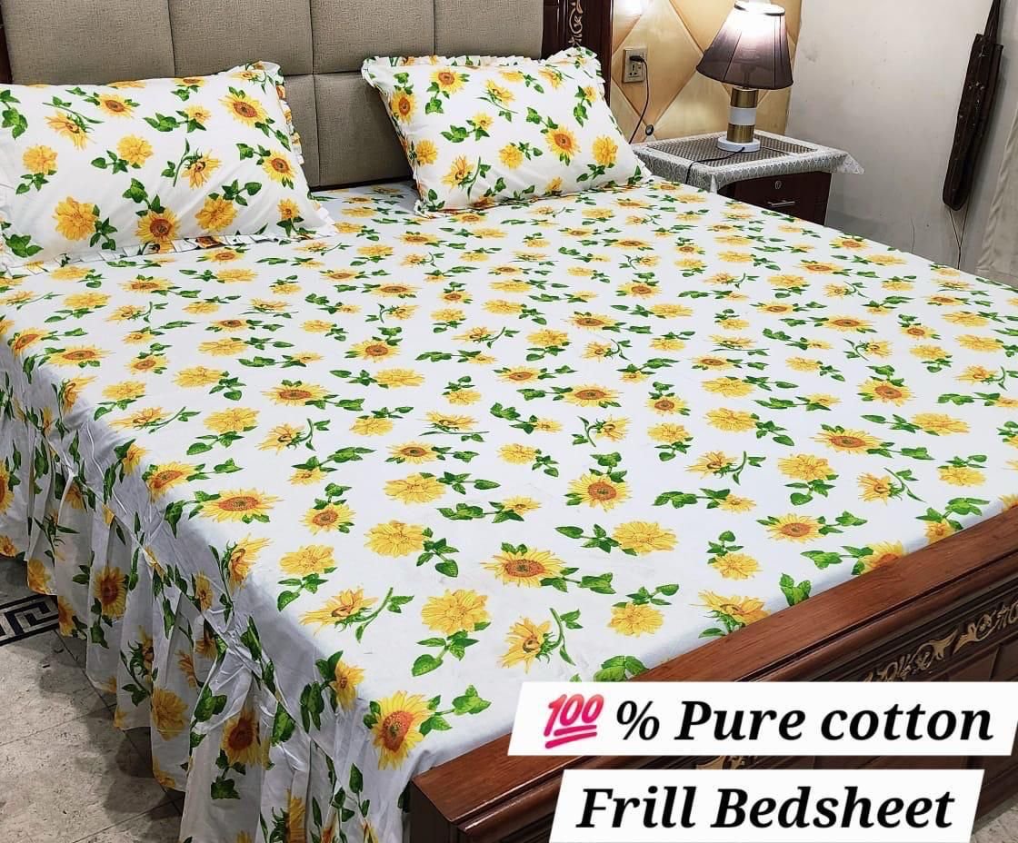 3 piece stiched 2 sided frill bedsheets*