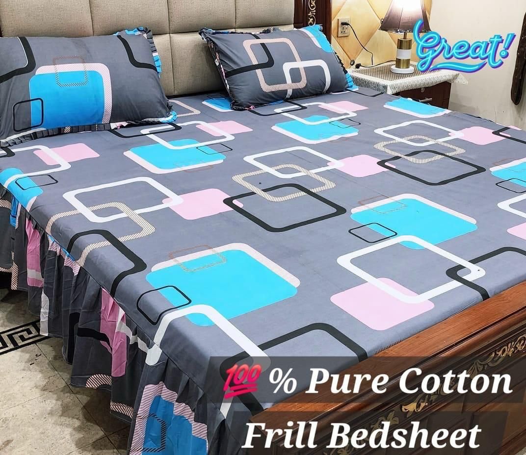 3 piece stiched 2 sided frill bedsheets*