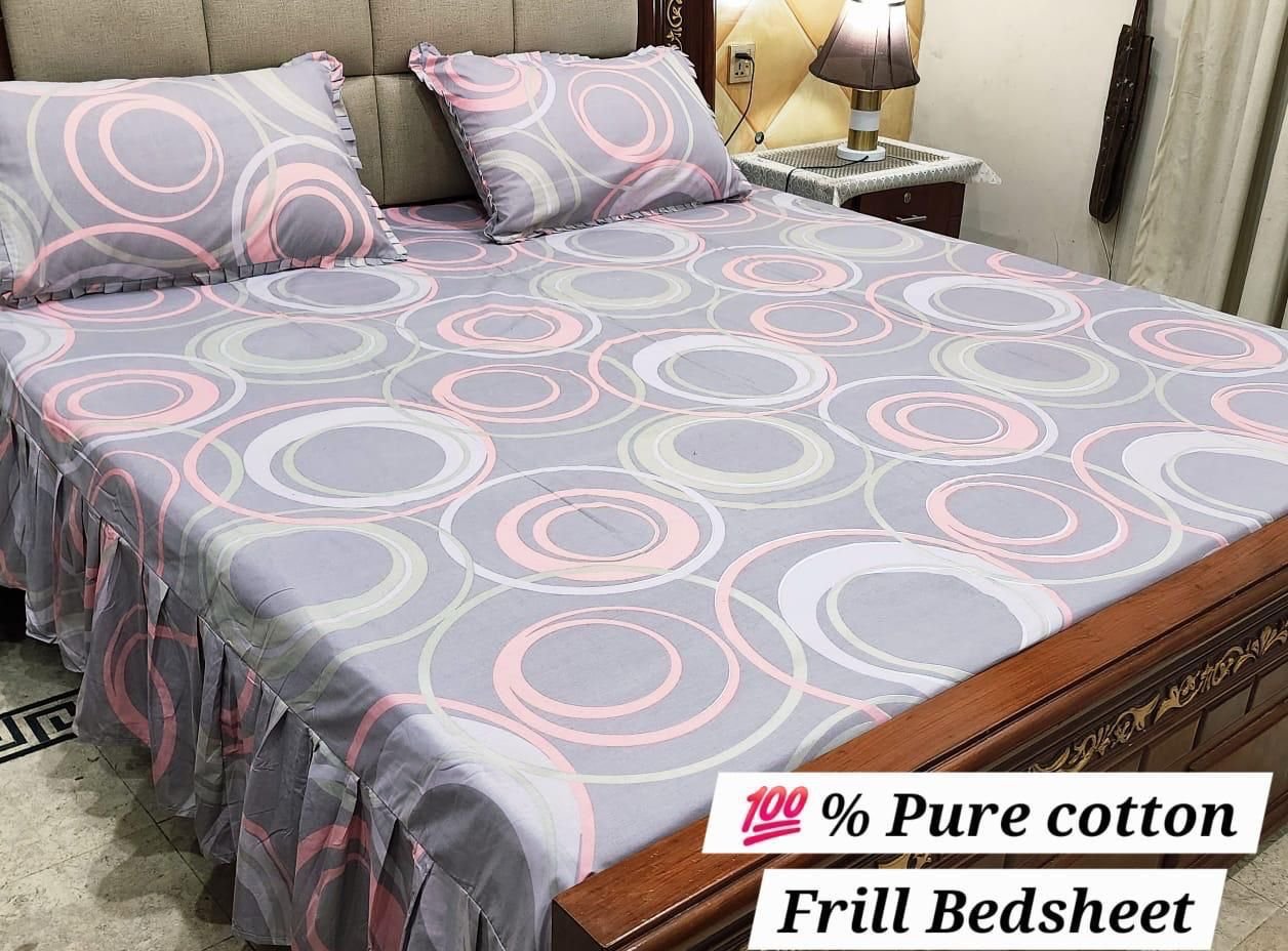 3 piece stiched 2 sided frill bedsheets*