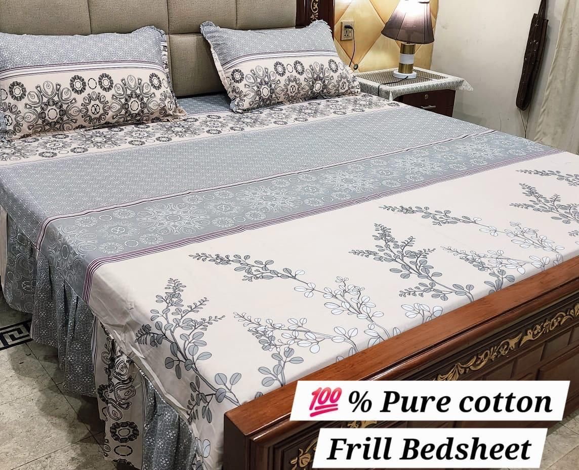 3 piece stiched 2 sided frill bedsheets*