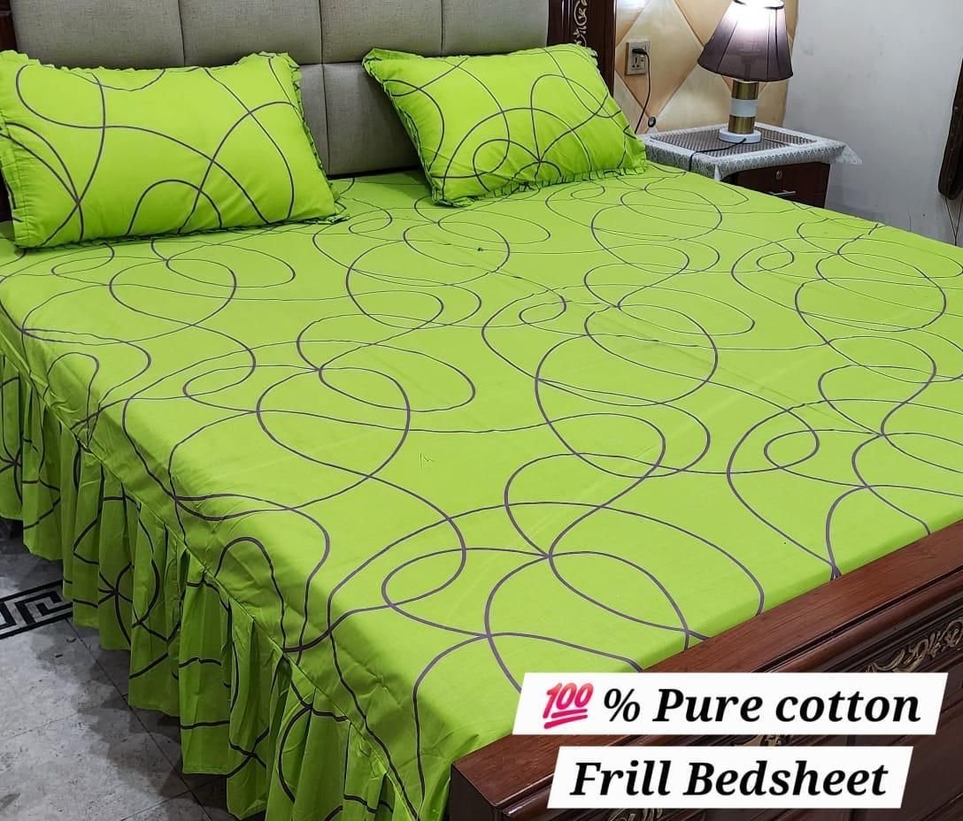 3 piece stiched 2 sided frill bedsheets*