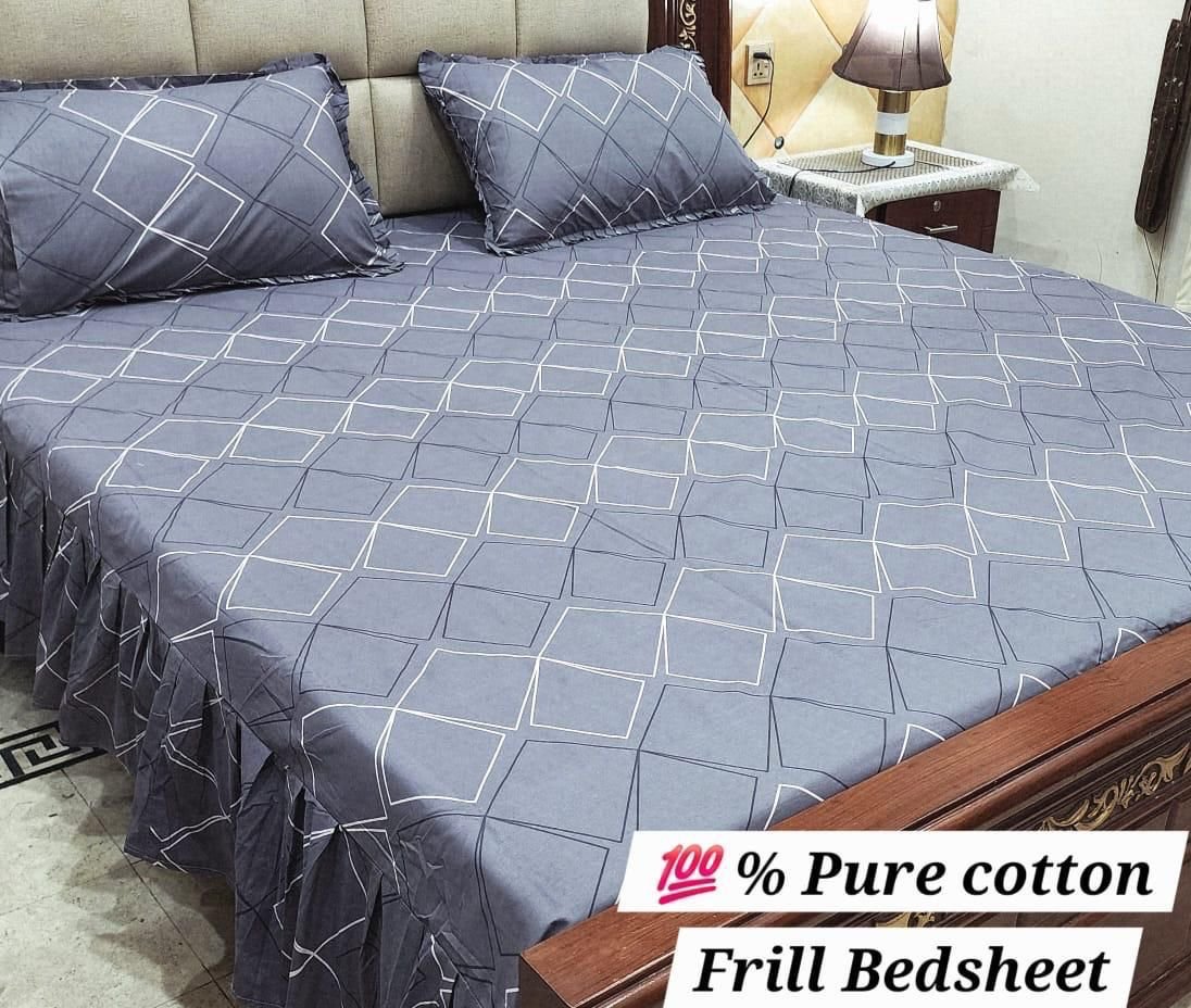 3 piece stiched 2 sided frill bedsheets*
