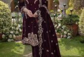 Fully Embroidered Velvet 3Pc With Fully Embroidered Velvet Shawl Winter Collection*