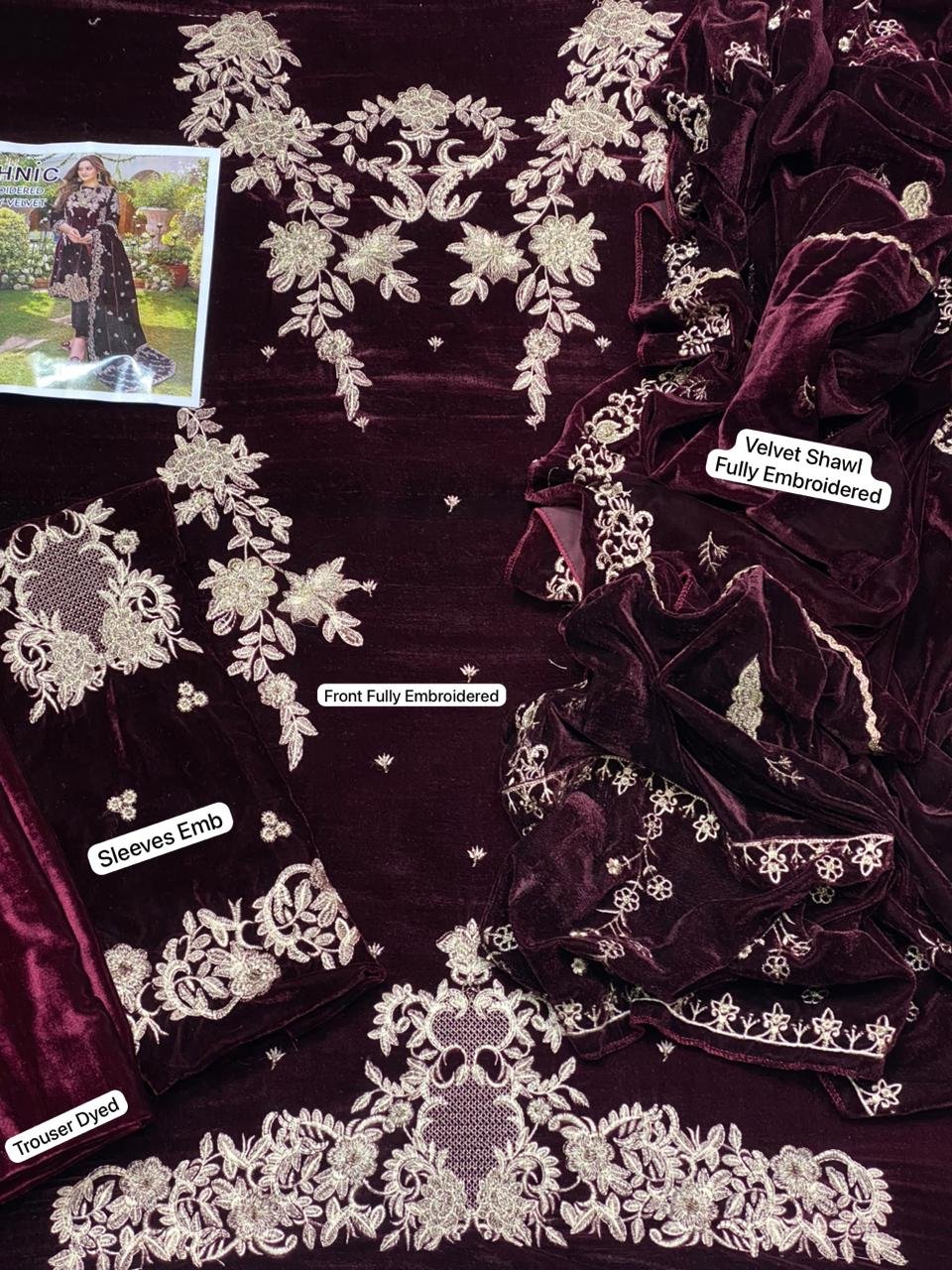 Fully Embroidered Velvet 3Pc With Fully Embroidered Velvet Shawl Winter Collection*