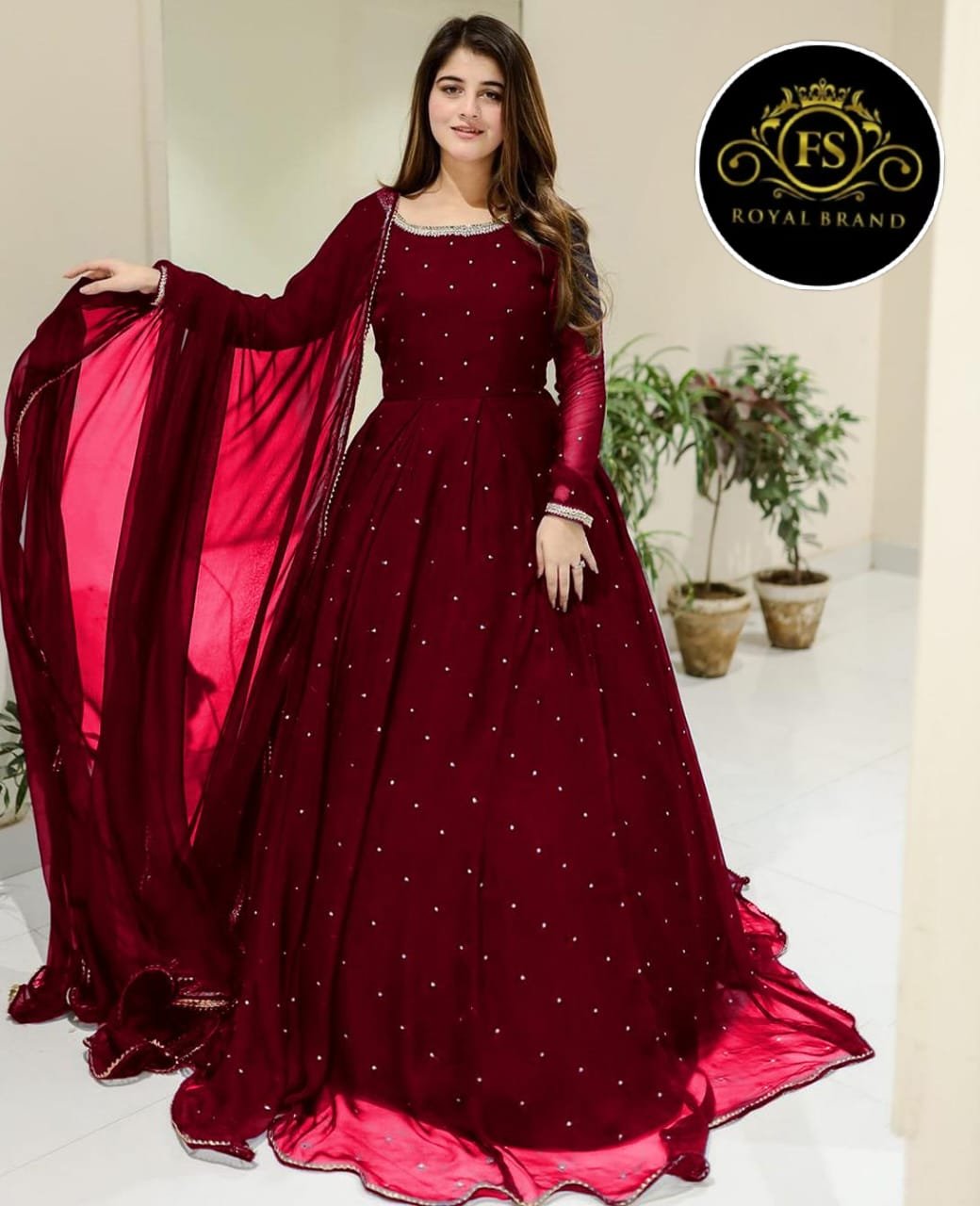 Front And Back Pearls With Lace Work Long Flare Maxi With dupatta 3pcs