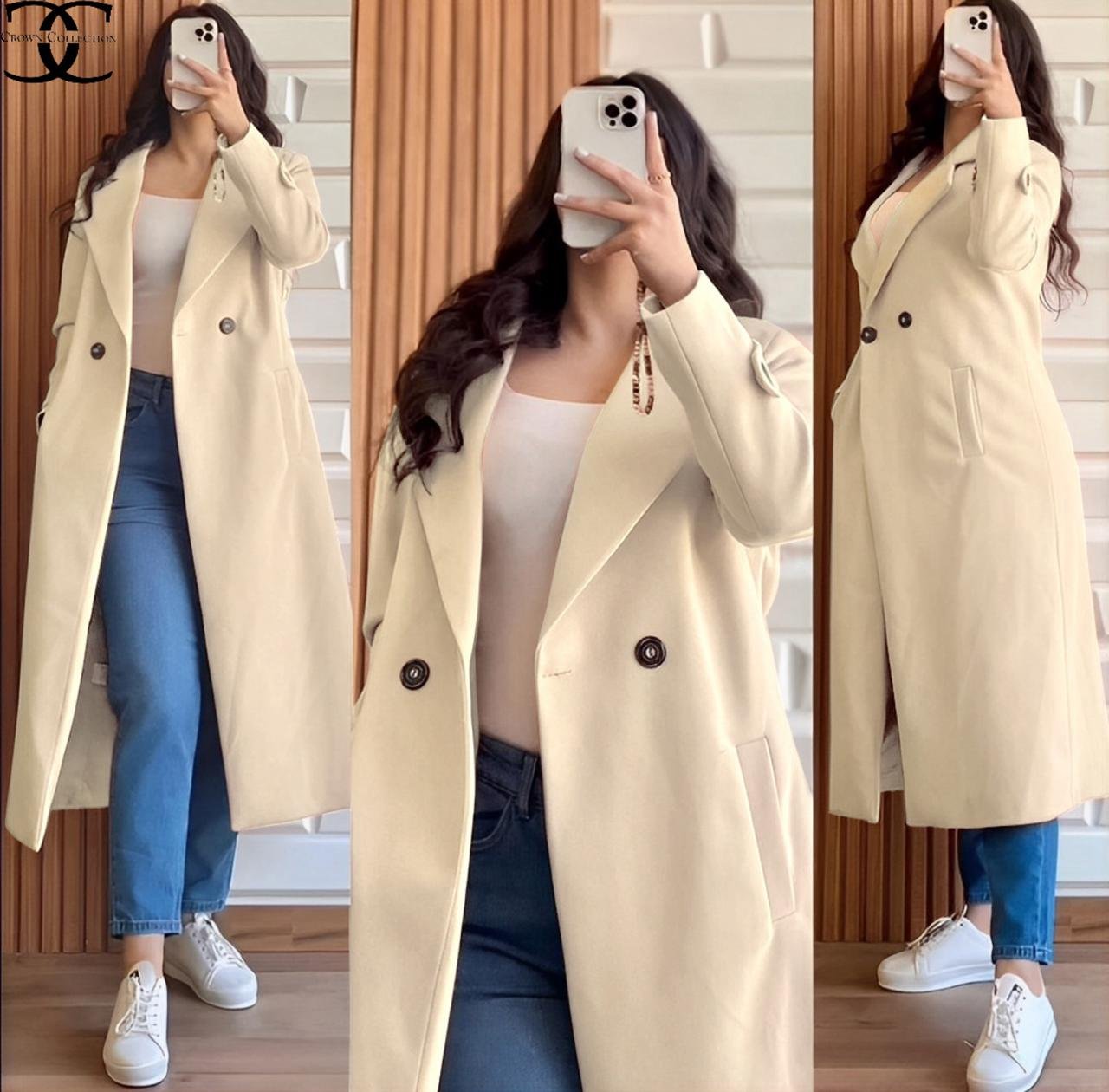 Both Sided Pockets With Long Sleeves Kaaj Buttons Fleece Women Coat