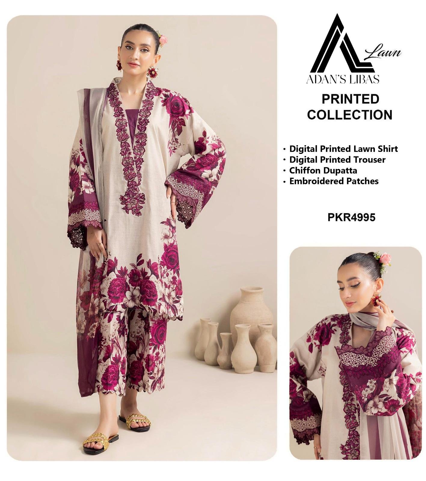 Printed Lawn Front • Printed Lawn Back • Printed Lawn Sleeves • ⁠Sleeves Embroidered Patch • ⁠Neck Embroidered Lace • ⁠Neck Embroidered Patch • Printed Chiffon Dupatta • Printed Trouser