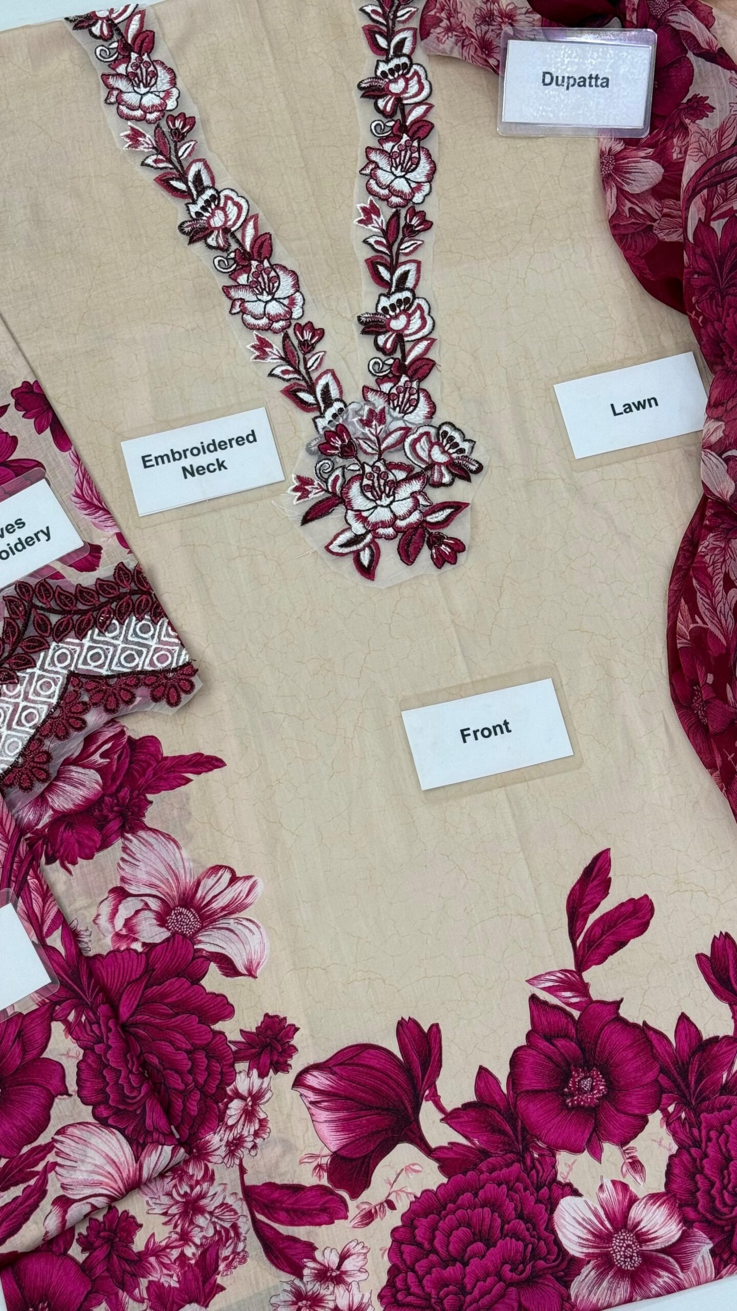 Printed Lawn Front • Printed Lawn Back • Printed Lawn Sleeves • ⁠Sleeves Embroidered Patch • ⁠Neck Embroidered Lace • ⁠Neck Embroidered Patch • Printed Chiffon Dupatta • Printed Trouser