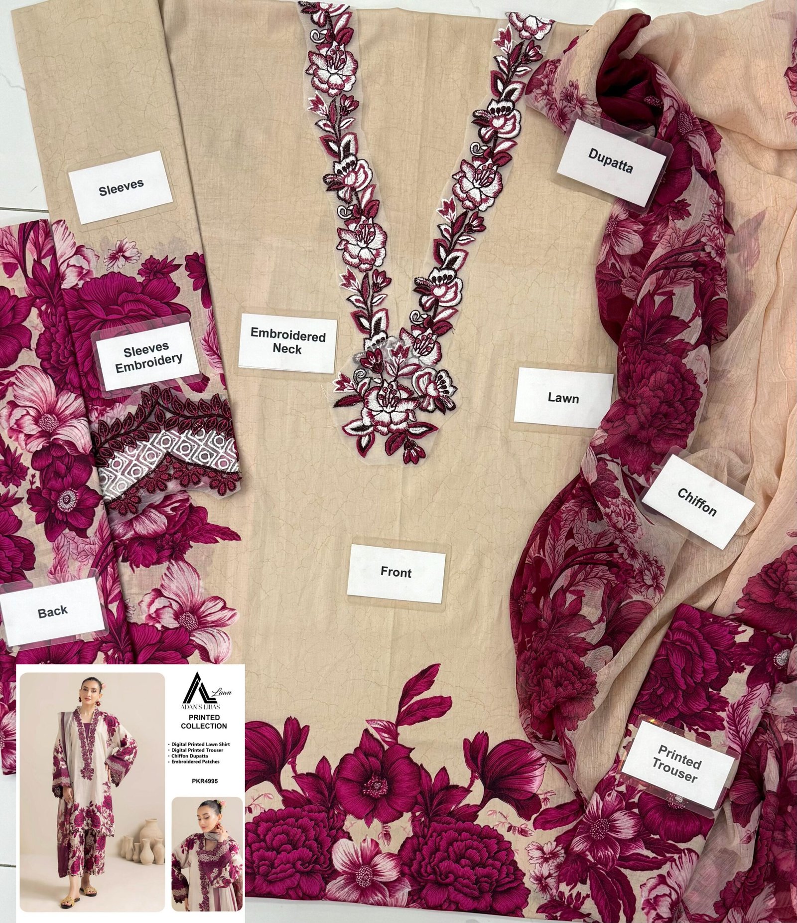 Printed Lawn Front • Printed Lawn Back • Printed Lawn Sleeves • ⁠Sleeves Embroidered Patch • ⁠Neck Embroidered Lace • ⁠Neck Embroidered Patch • Printed Chiffon Dupatta • Printed Trouser